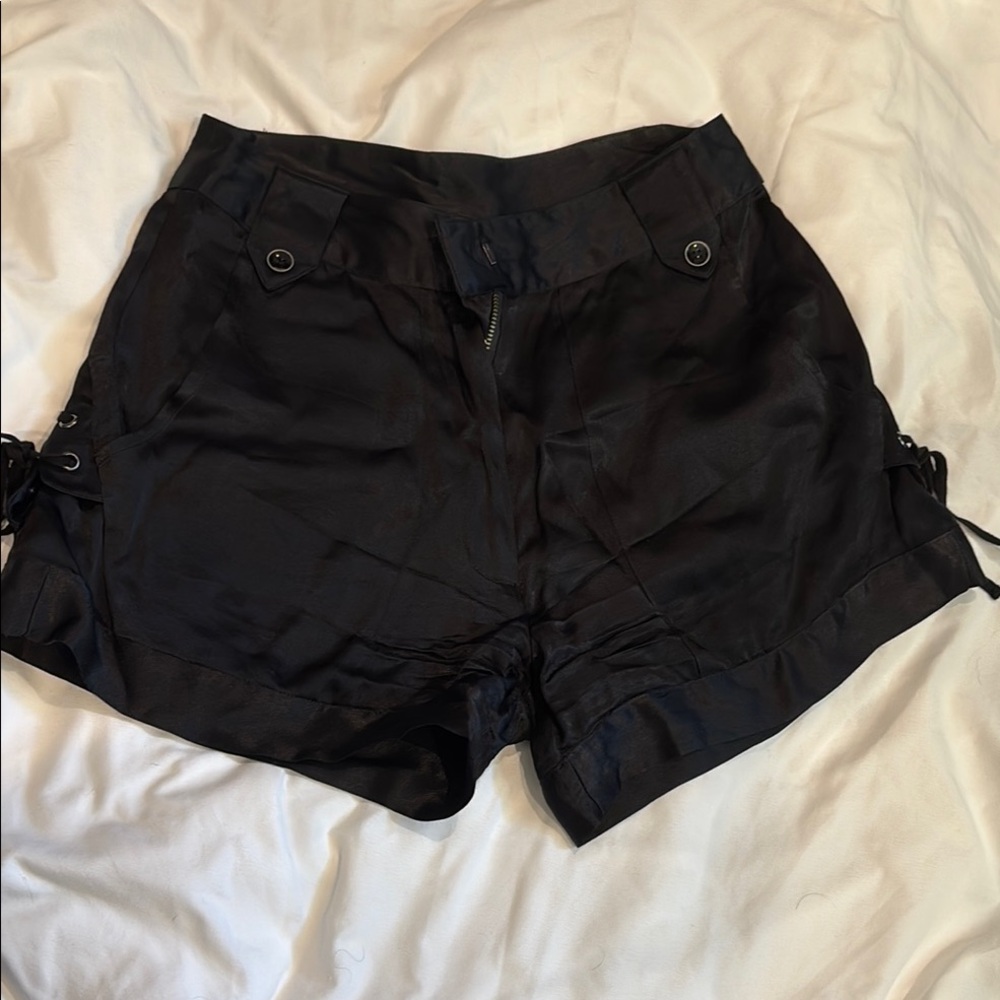 Black Satin Shorts with lace up rouched sides